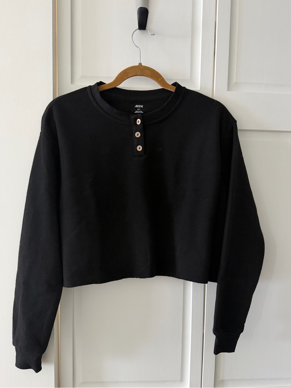 Ardene Black Fleece-Lined Henley Crop Sweatshirt - Size XS
